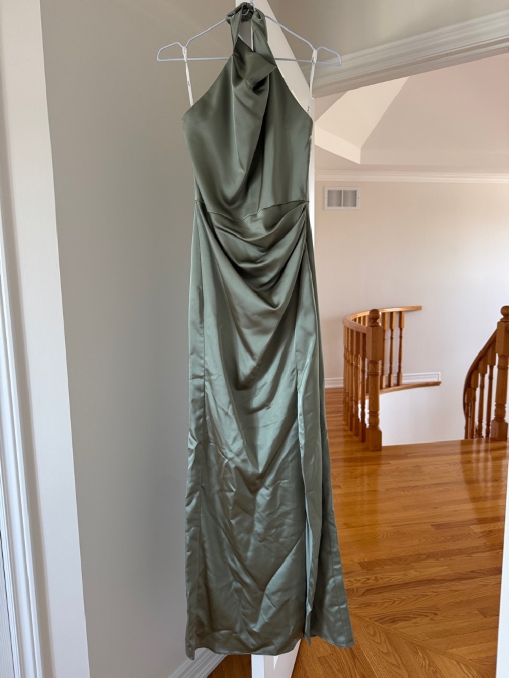 Dessy Group Sage Green Halter Satin Evening Dress